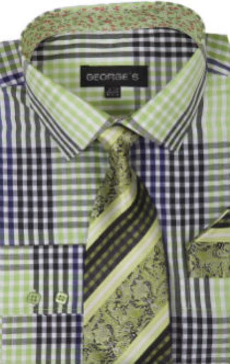 George's 60% Cotton 40% Polyster Checkered Shirt Tie and Handkerchief Lime Light Green Dress Shirt