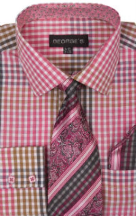 George's 60% Cotton 40% Polyster Checkered Shirt Tie and Handkerchief Fuchsin 