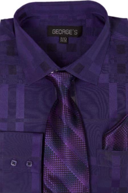 Cotton Geometric Pattern Dress Shirt with Tie and Handkerchief Purple color shade 
