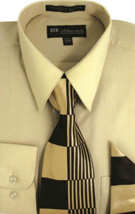 Milano Moda Classic Cotton Dress Shirt with Ties and Handkerchiefs Sand 