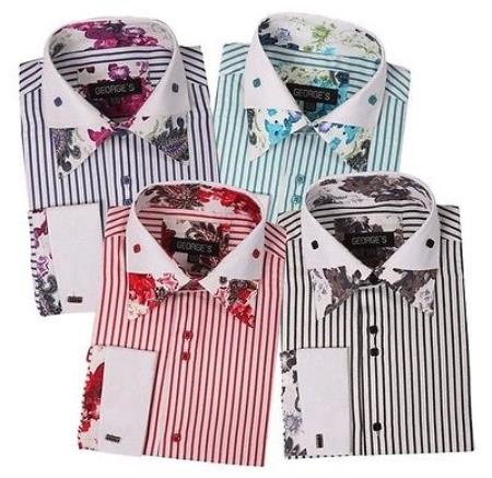 Poly Cotton Floral Design Striped Dress Shirt French Cuff Classic Fit Multi-Color 