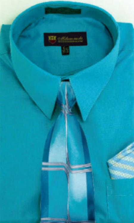 Mens Turquoise Dress Shirt Milano Moda Classic Cotton Dress Shirt with Ties and Handkerchiefs Turquoise 