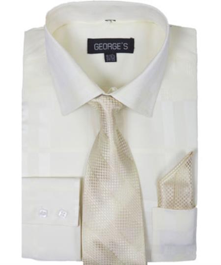 Men's 60% Cotton 40% Polyester Shadow Striped Tie with Hanky Cream Dress Shirt