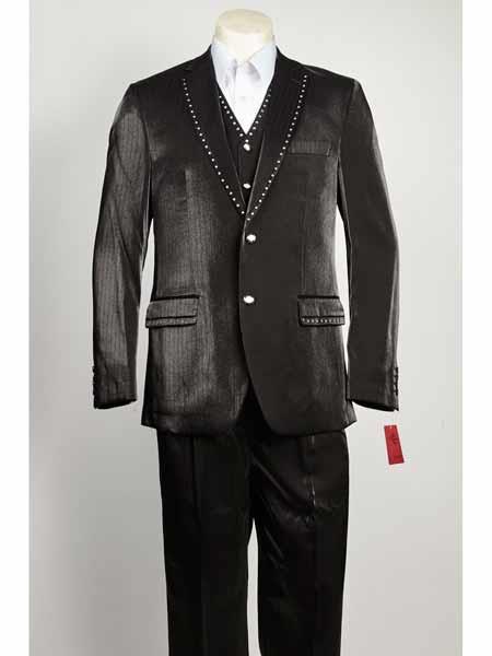  Notch Lapel 3 Piece Liquid Jet Black Color Sharkskin Vested Rhinestone Entertainer Athletic Cut Suits Classic Fit 