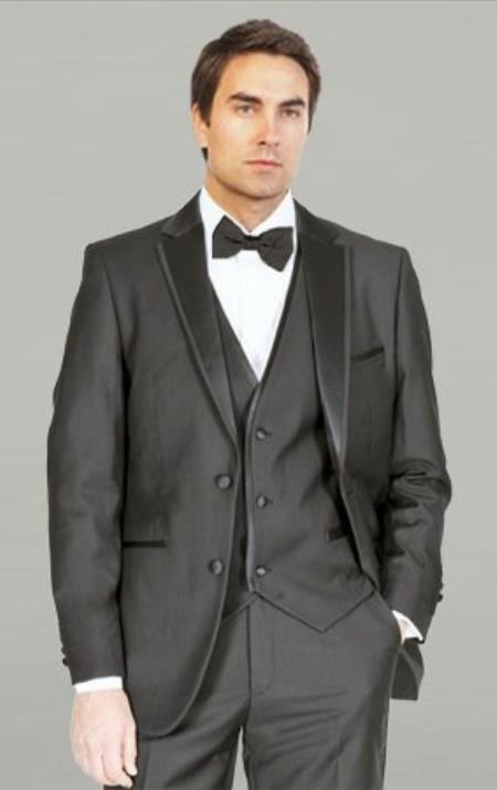 Mens Three Piece Suit - Vested Suit Tuxedo Liquid Jet Black Framed Notch Lapel With Vest Microfiber Tuxedos 