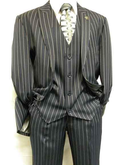 Men's Dark Blue Stripe Mars Fashion Vested Suit Pleated Pants