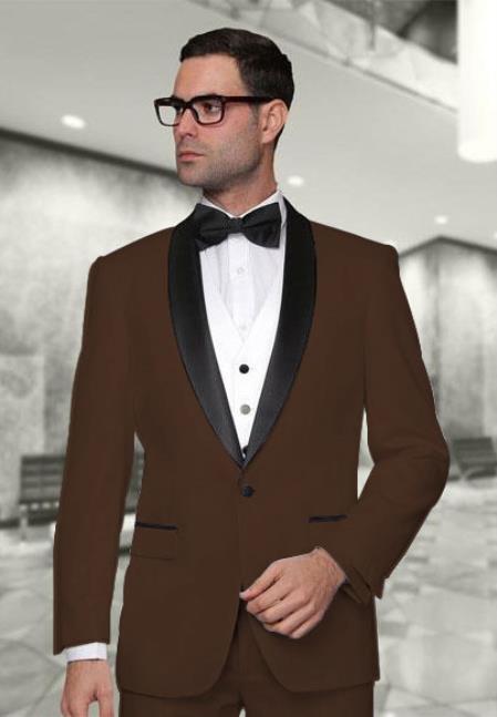  Statement Men's Dark Brown Modern Fit 3 Piece Shawl Collar Vested Tuxedo