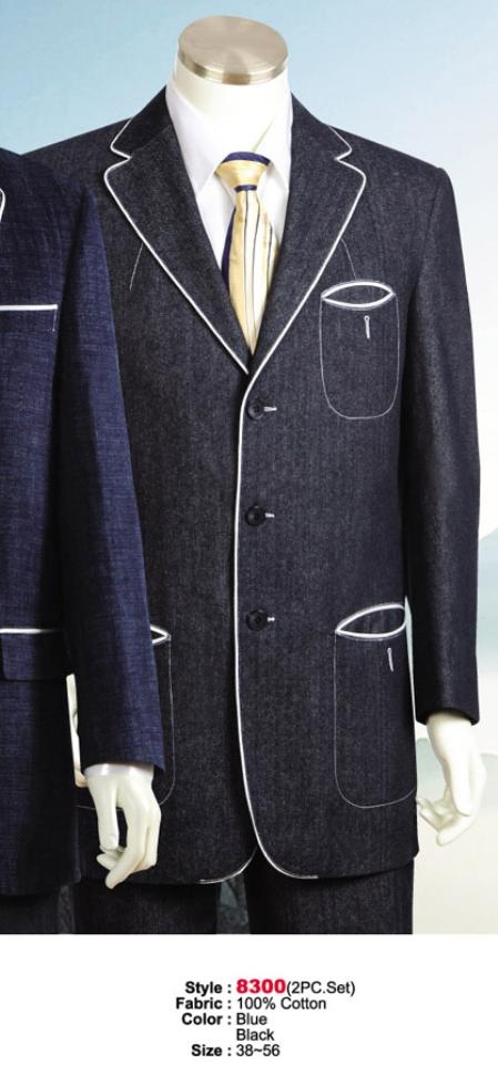 Denim Cotton Fabric 1940s men's Suits Style For sale ~ Pachuco men's Suit Perfect for Wedding Style comes in Liquid Jet Black or Blue 