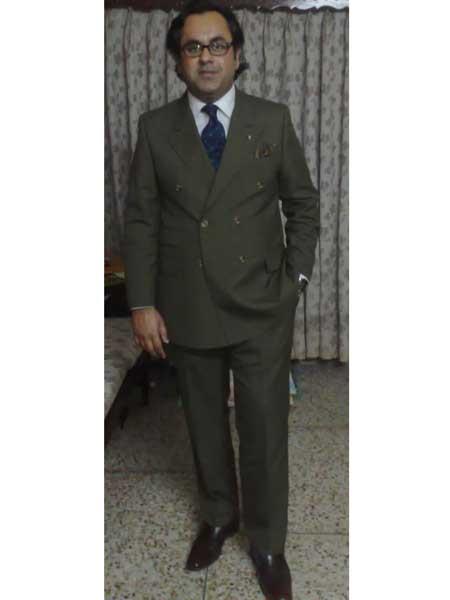  Men's Double Breasted Olive Green Side Vented Peak Lapel Suit for Men