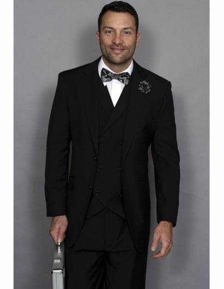  Men's Statement Wool Notch Lapel 3 Piece Solid Black Double Breasted Vest Suit