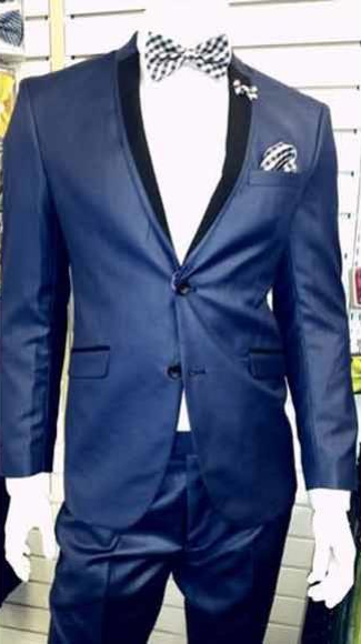 2 Button Shiny Flashy Light Navy ~ Dark Royal Blue Suit For Men Perfect  Tuxedo Black Lapel Slim Suit ( Tuxedo Looking Two Toned )