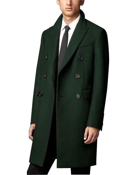  Men's Long 3 Button Peak Lapel Olive Green Overcoat 