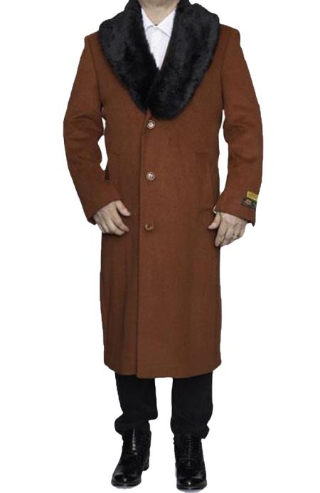 Mens Overcoat mens Removable Fur Collar Full Length Wool Dress Top Coat / Overcoat in Rust Authentic Reg:$700 Designer Alberto Nardoni Best men's Italian Suits Brands now on Sale 