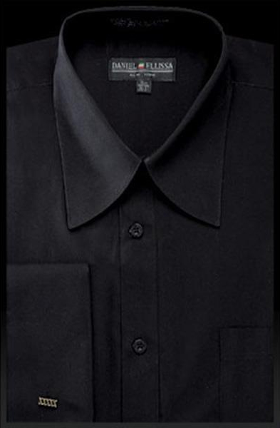  Men's Solid Black French Cuff Curved Pat Riley Collar Dress Shirt