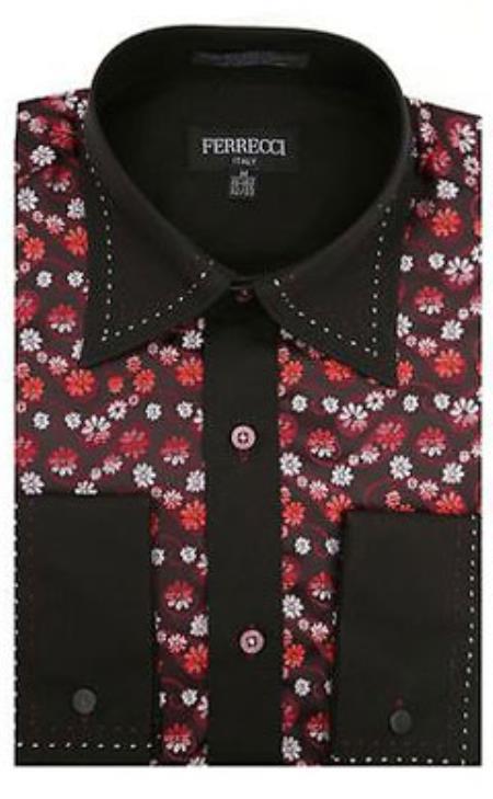 Two Toned Lay Down Collar Microfiber Solid Accents Multi-colored color shade Floral Design Dress Shirt red color shade 