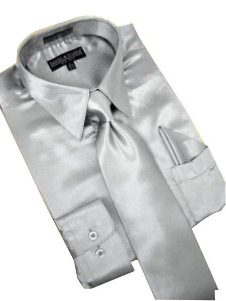 Mens  Formal Shiny Silver Gray Silky Satin Entertainer Dress Shirt Tie & Hanky 