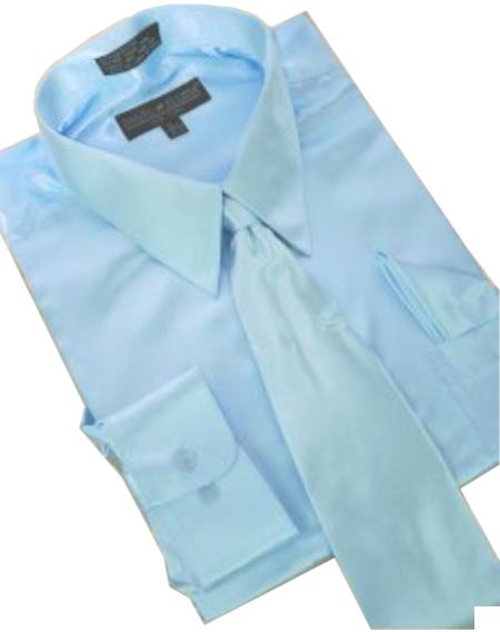 Satin Light Blue ~ Sky Blue Dress Shirt Tie Hanky Set 