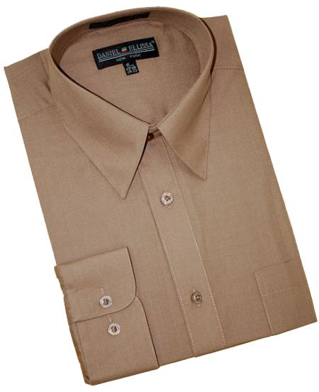 Taupe Cotton Blend Dress Shirt With Convertible Cuffs 