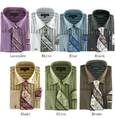 Classic Strip Dress Shirt Set, W/ Tie And Handkerchief - 7 colors 
