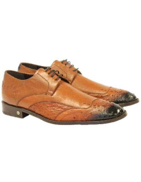  Men's Handmade Vestigium Genuine Ostrich Derby Faded Cognac Shoes