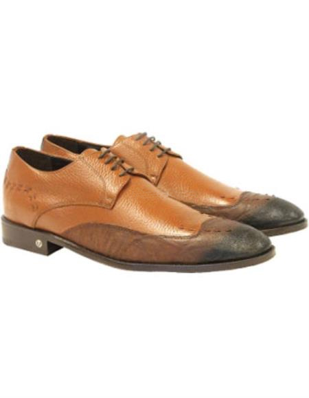 Men's Handmade Vestigium Genuine Catshark Derby Faded Cognac Shoes