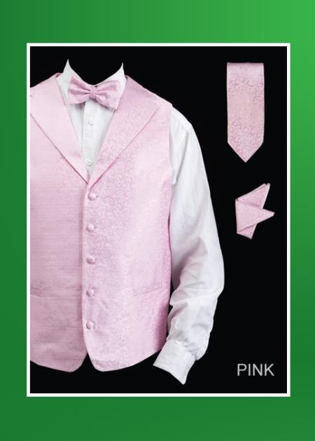 4 Piece Vest Set (Bow Tie, Neck Tie, Hanky) - Lapelled Vest Pink 