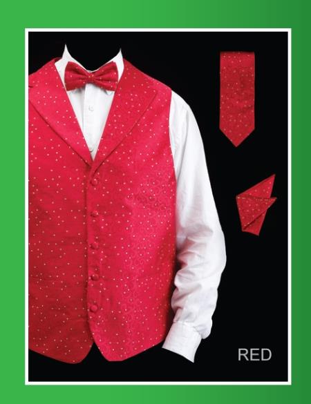 4 Piece Vest Set (Bow Tie, Neck Tie, Hanky) - Lapelled Vest red color shade 