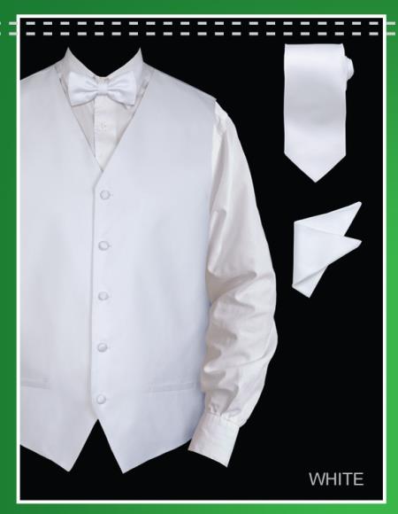 4 Piece Vest Set (Bow Tie, Neck Tie, Hanky) - Jacquard White 