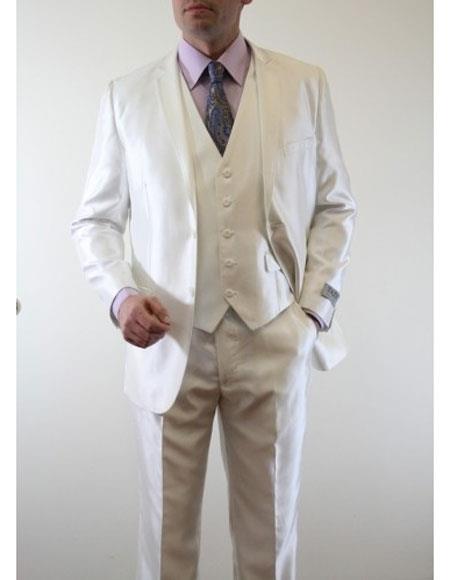  Men's Sharkskin  Metallic Silky Shiny Flashy Single Breasted 3 Piece Suit Slim Fit Ivory Suit