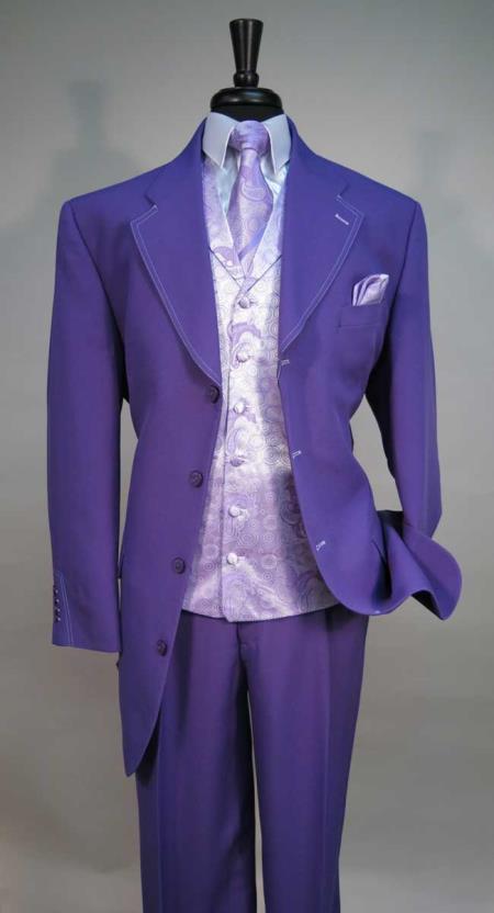 Mens Zoot Suit Four Button Single Breasted Vested Athletic Cut 1940s men's Suits Style Classic Fit  Jacket With pronounce visible Paisley Vest With Matching Tie And Hankie Purple color shade 