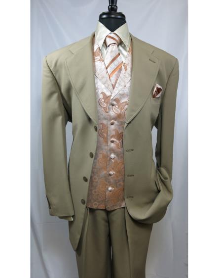 Paisley Vested 4 Button Style Single Breasted Suit For sale ~ Pachuco men's Suit Perfect for Wedding Tan khaki Color ~ Beige Orange 