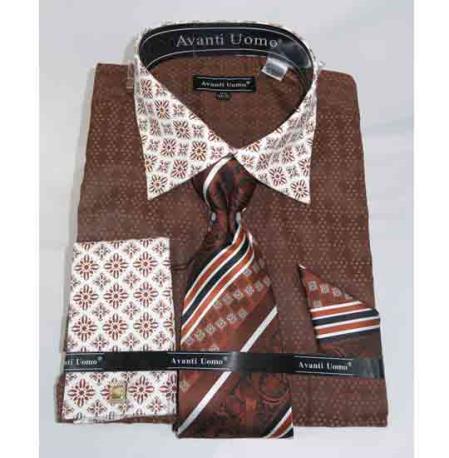  Men's Bird Pattern French Cuff With Contrasting Collar Brown Dress Shirt