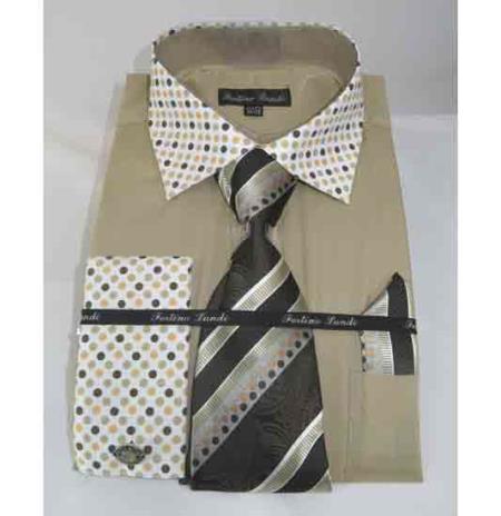  Men's Khaki Cotton French Cuff Solid With Poka-a-dot Collar Dress Shirt