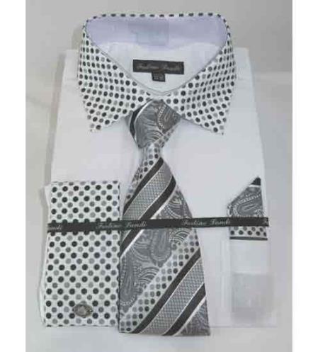 Men's French Cuff Solid Body With Poka-a-dot Collar White Dress Shirt