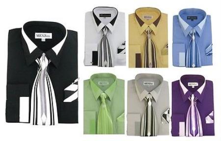 Classic French Cuff Dress Shirt Set w/ tie and Handkerchief 