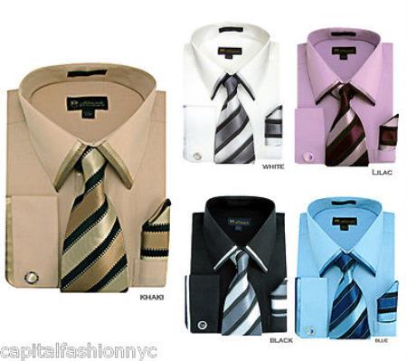 French Cuff Dress Shirt Matching Tie Handkerchief Set Style