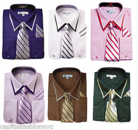 Classic French Cuff Dress Shirt Set w/ Tie And Handkerchief 