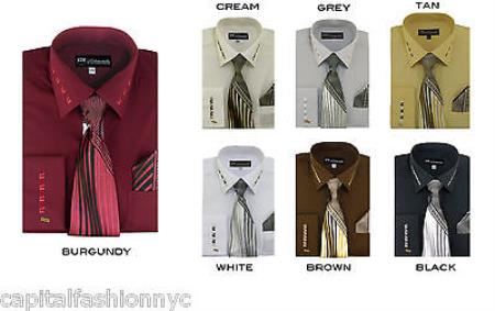 French Cuff Dress Shirt + Tie + Handkerchief For 