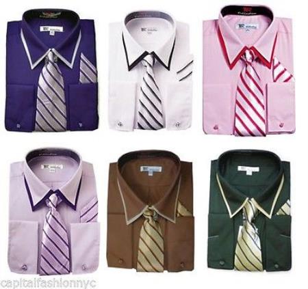 Classic French Cuff Dress Shirt With Tie And Handkerchief Style Multi-Color 