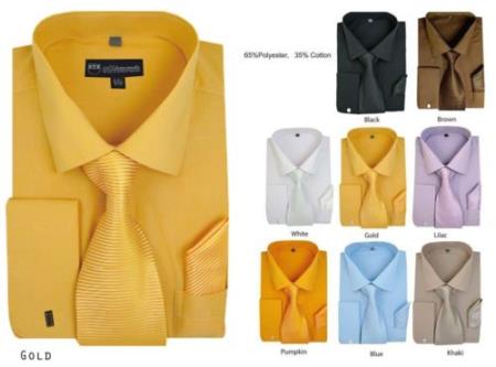 Solid Dress Shirt French Cuff Matching Tie+Handkerchief Style Multi-Color 