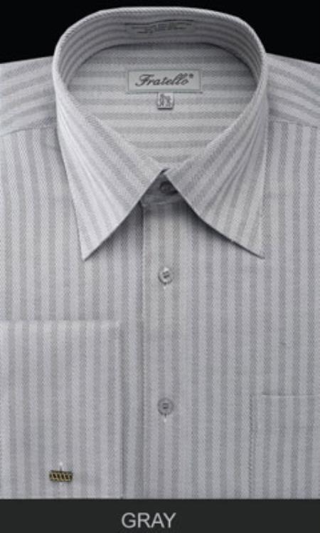 Fratello French Cuff Gray Dress Shirt - Herringbone Tweed Stripe Big and Tall Sizes 