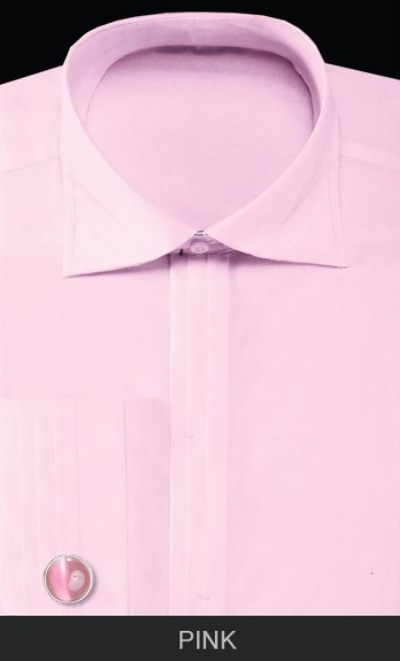 French Cuff Dress Shirt with Cuff Links - Solid Pleated Slacks Collar Pink 