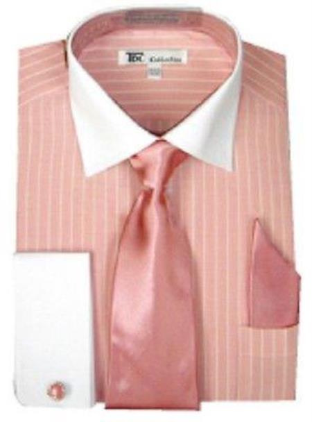Stylish Classic French Cuff Striped Dress Shirt with Tie and cuff Pink 