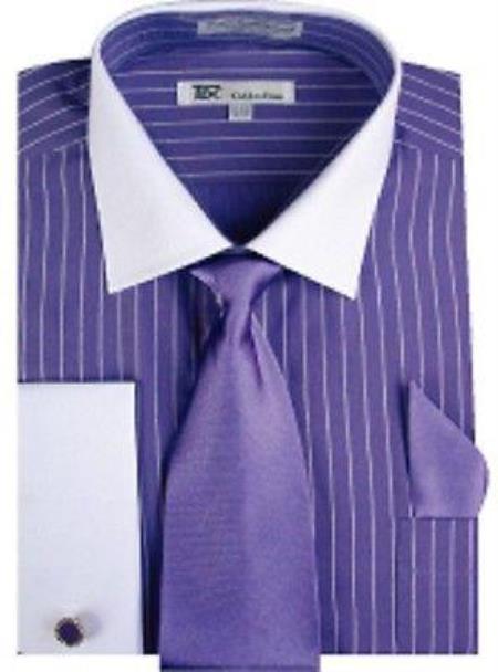 Stylish Classic French Cuff Striped Dress Shirt with Tie and cuff Purple color shade 