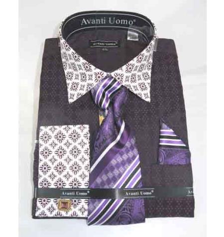  Men's Purple French Cuff Bird Pattern With Contrasting Collar Dress Shirt