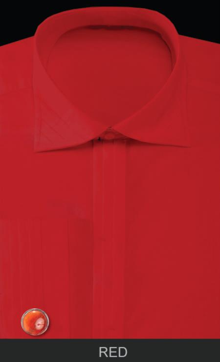 French Cuff Dress Shirt with Cuff Links - Solid Pleated Slacks Collar red color shade 