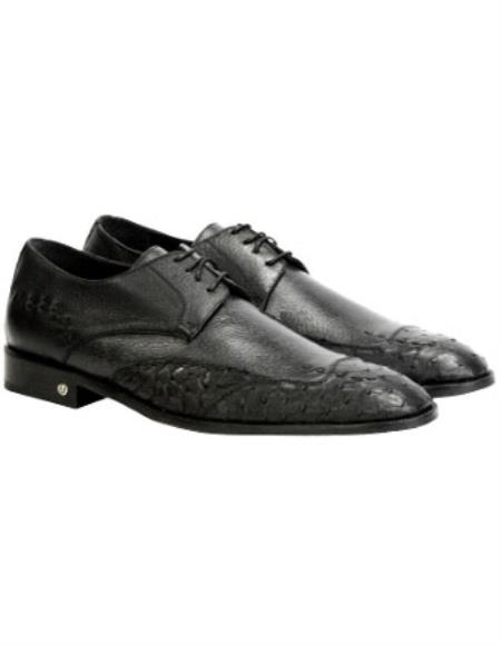  Men's Handcrafted Handmade Full Leather Vestigium Genuine Ostrich Derby Black Shoes