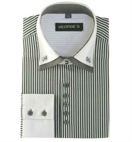  Gray Long Sleeve Two Tone Striped Dress Shirt White Collared Contrast 