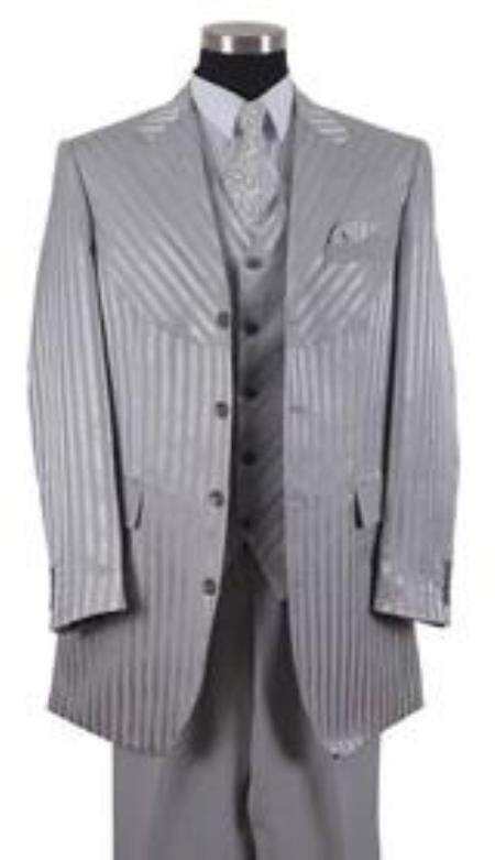 Zoot Suit tone on tone Shiny Flashy Sharkskin Shadow Stripe ~ Pinstripe Vested 3 Piece 1940s men's Suits Style for Online Gray 