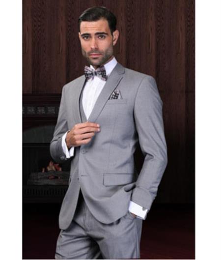 Mens Three Piece Suit - Vested Suit 2-Button Vested Jacket + Pants + Vest Slim narrow Style Fitted Cut Skinny Lapel Wool Fabric Suit Gray 